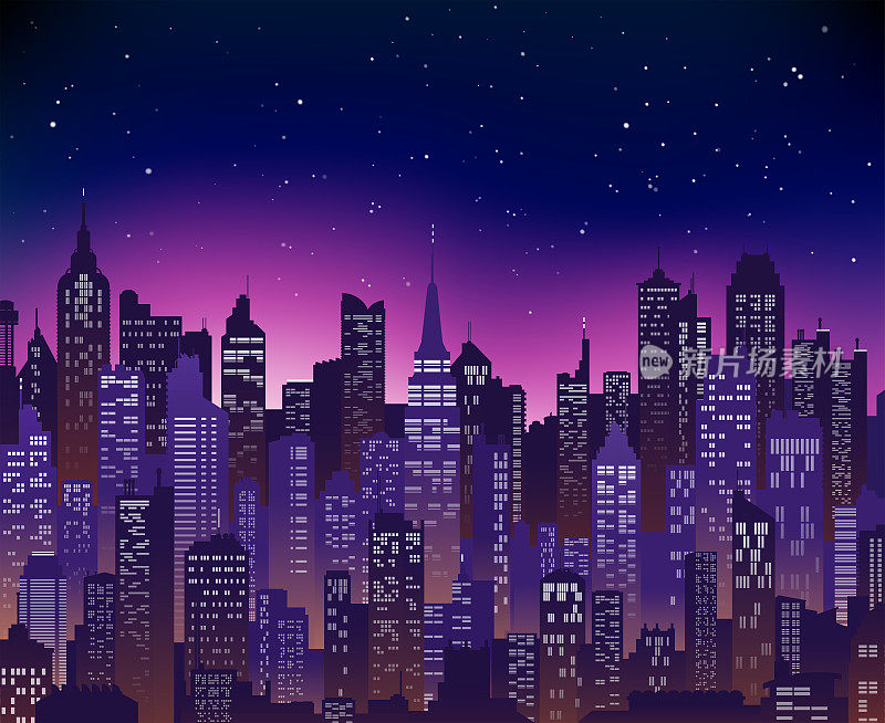 City night view in blue and pink colors
